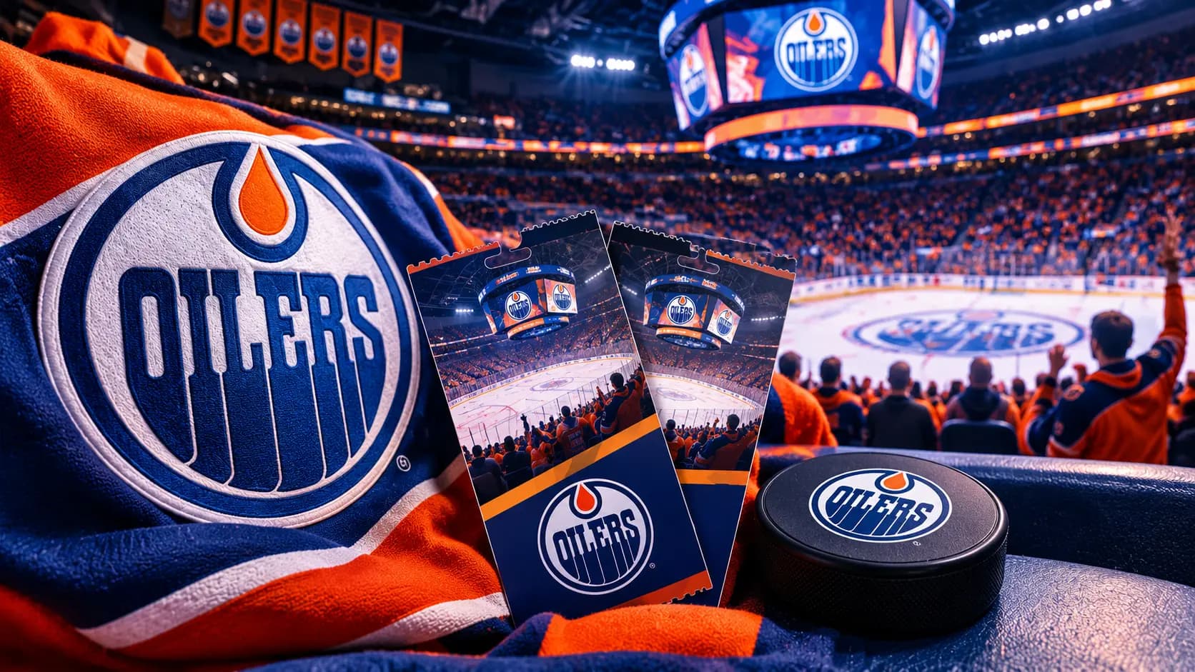 Edmonton Oilers season tickets in a hockey arena with team merchandise.