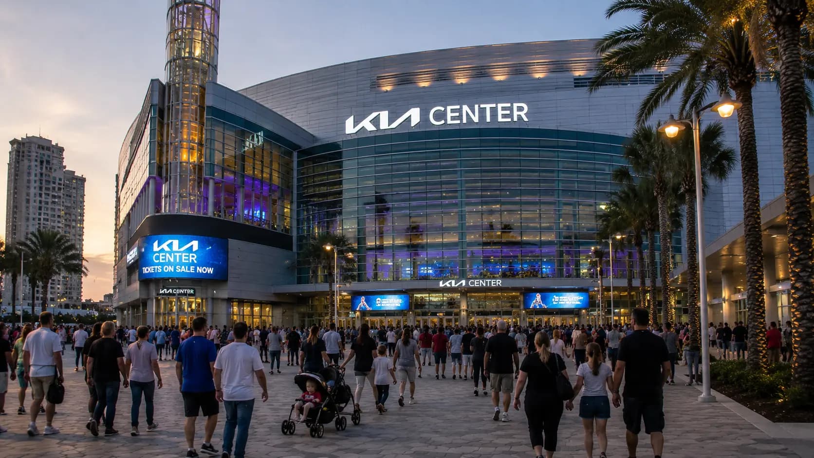 Families arriving at an indoor arena for a Disney On Ice performance in Orlando