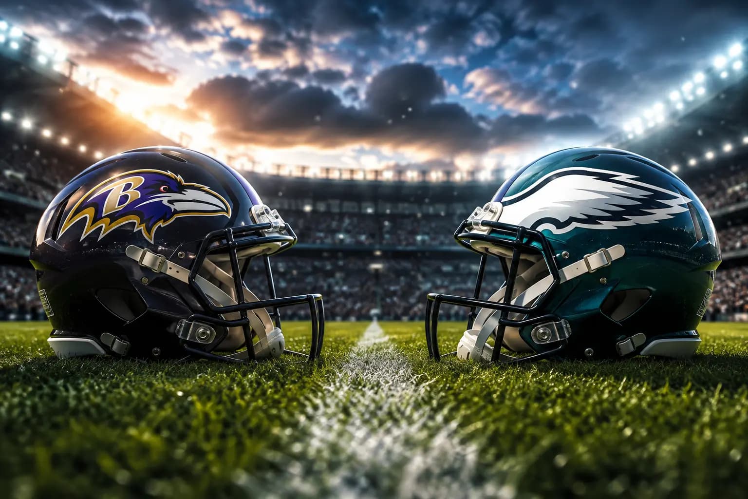 Ravens vs Eagles helmets on a football field before the game