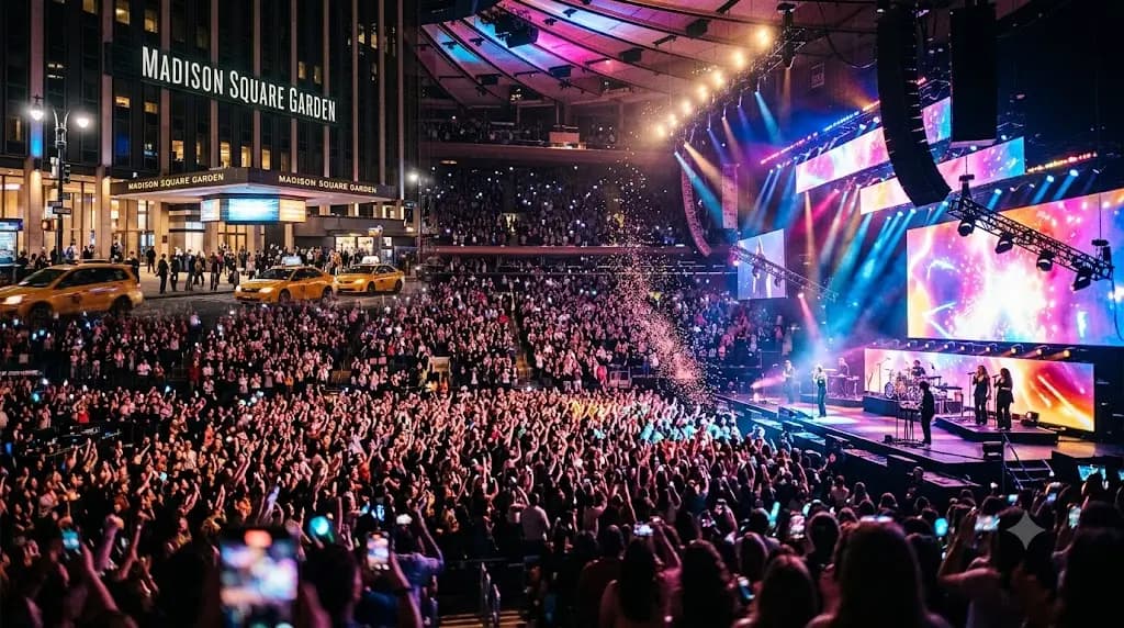 A dynamic photo of a concert inside Madison Square Garden, with the building's exterior on the left.