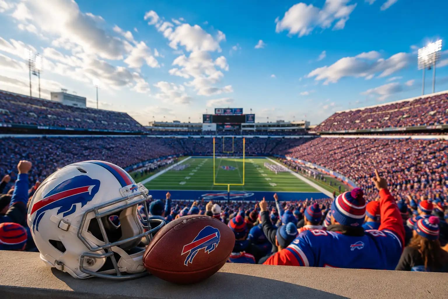 Buffalo Bills helmet and football at a packed stadium during game day.