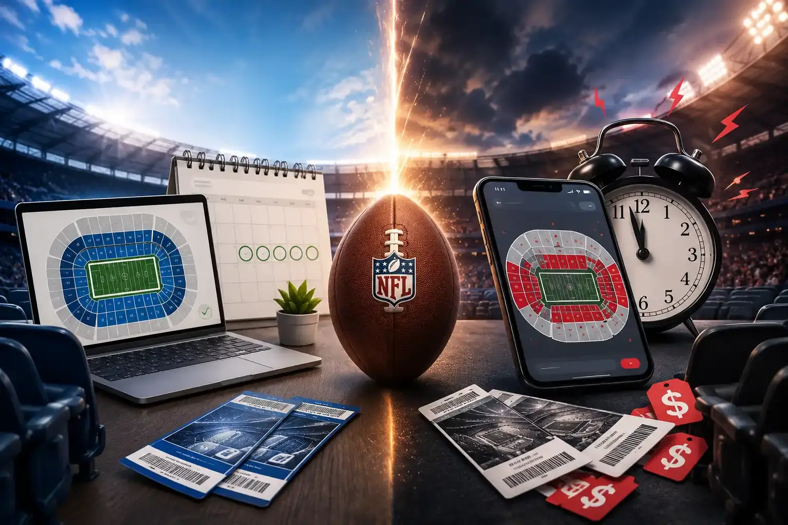 NFL ticket buying: early planning vs last-minute purchases at a stadium.