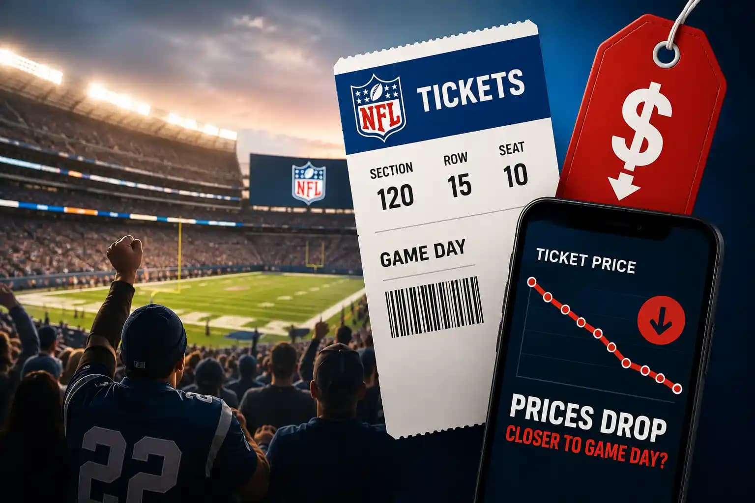 NFL tickets with a price drop chart showing ticket prices closer to game day