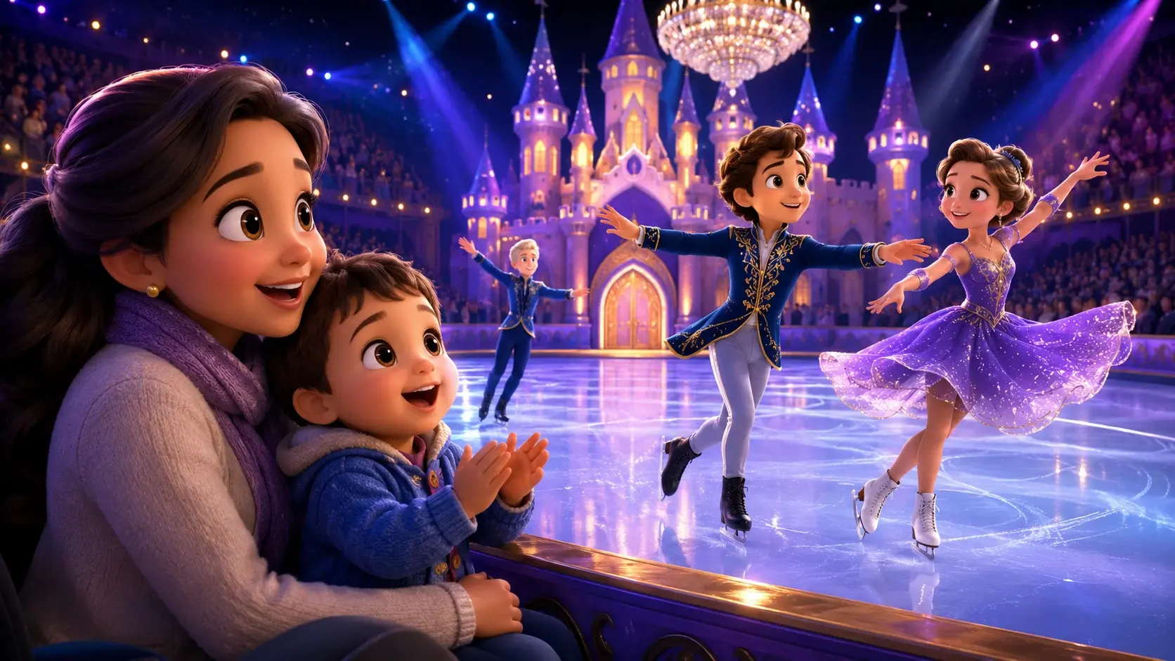 Toddler sitting on a parent's lap rinkside, watching two stylized ice.